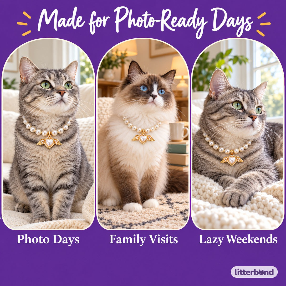 Jeweled Angel Wing Pearl Necklace on a cat at home