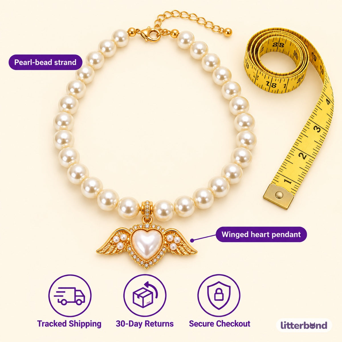 Jeweled Angel Wing Pearl Necklace - size and details