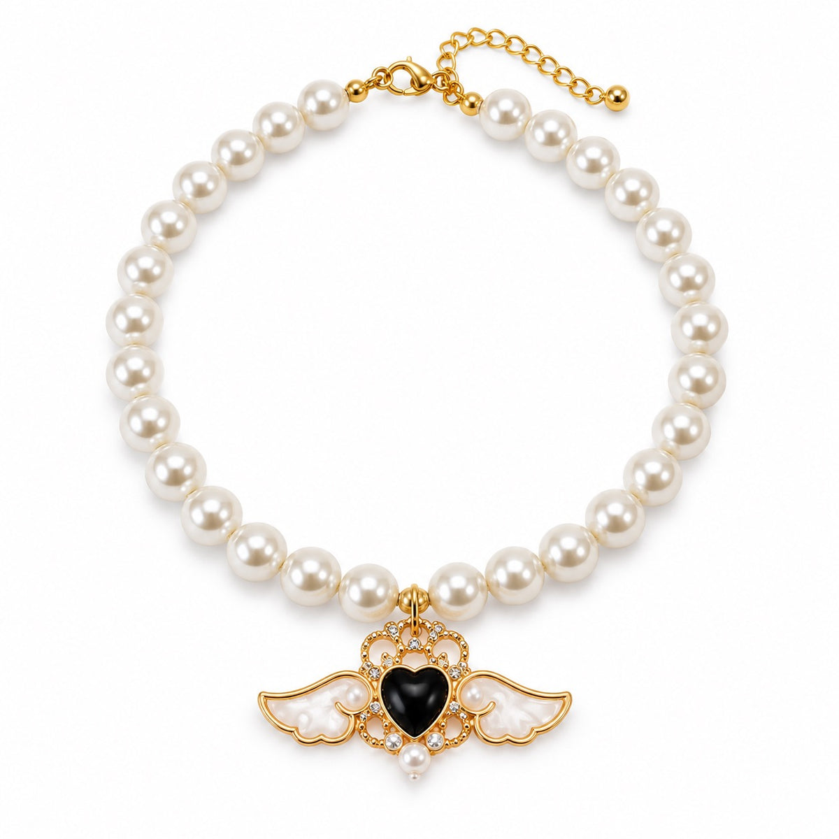 Jeweled Angel Wing Pearl Necklace - Black Angel Wings