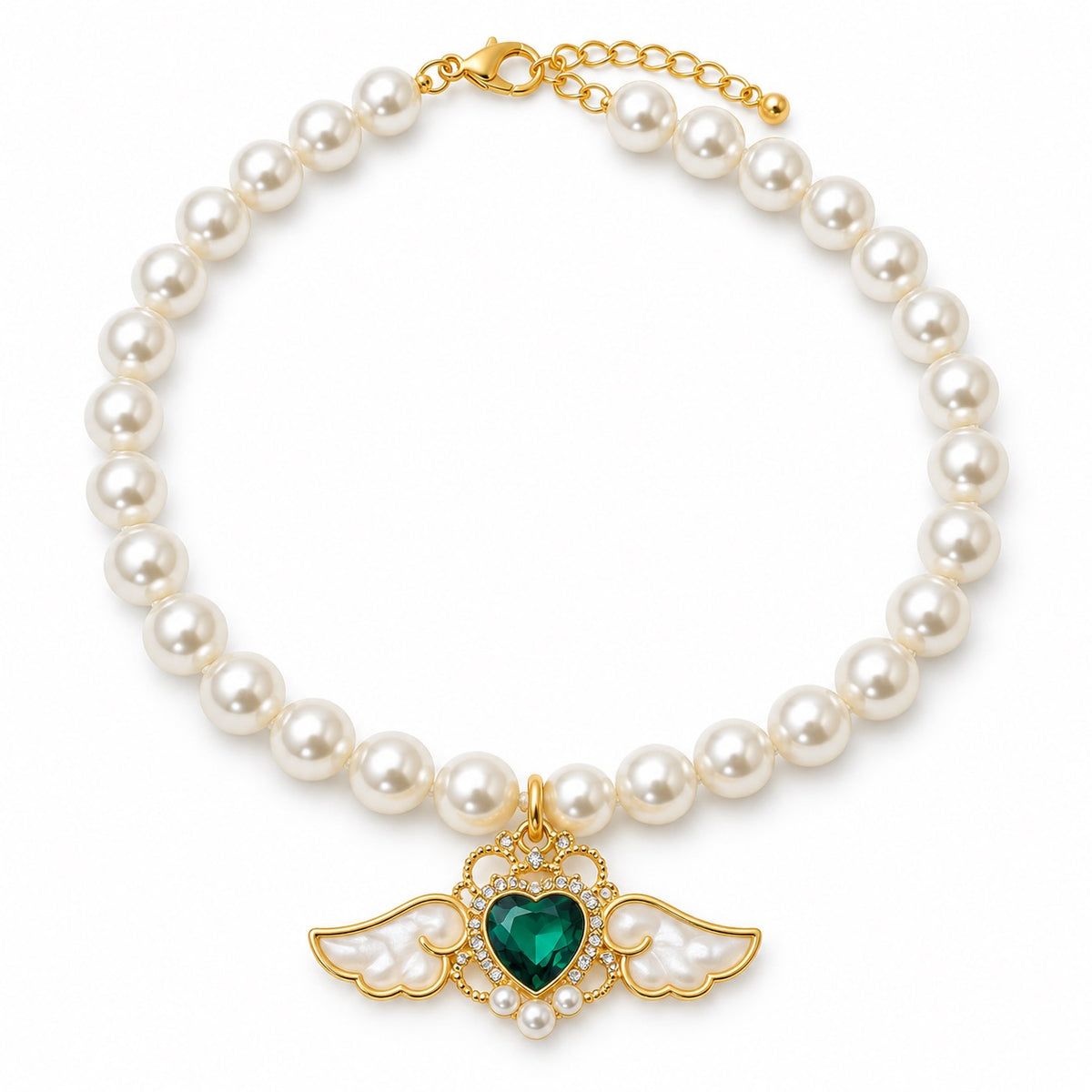 Jeweled Angel Wing Pearl Necklace - Emerald Angel Wings