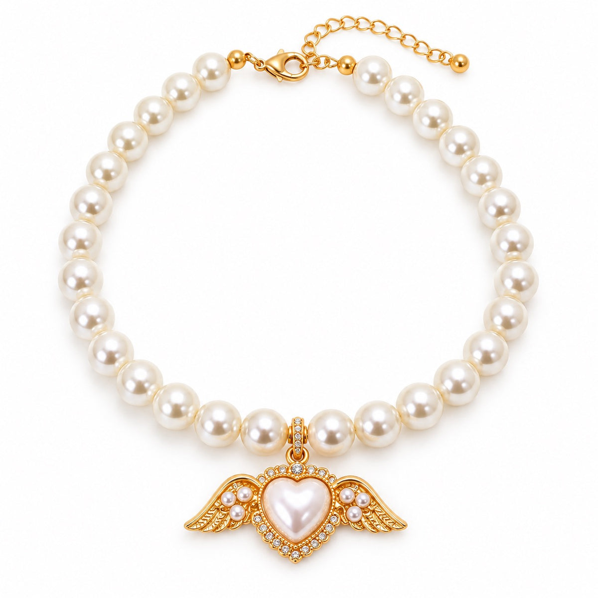 Jeweled Angel Wing Pearl Necklace - Pearl Angel Wings