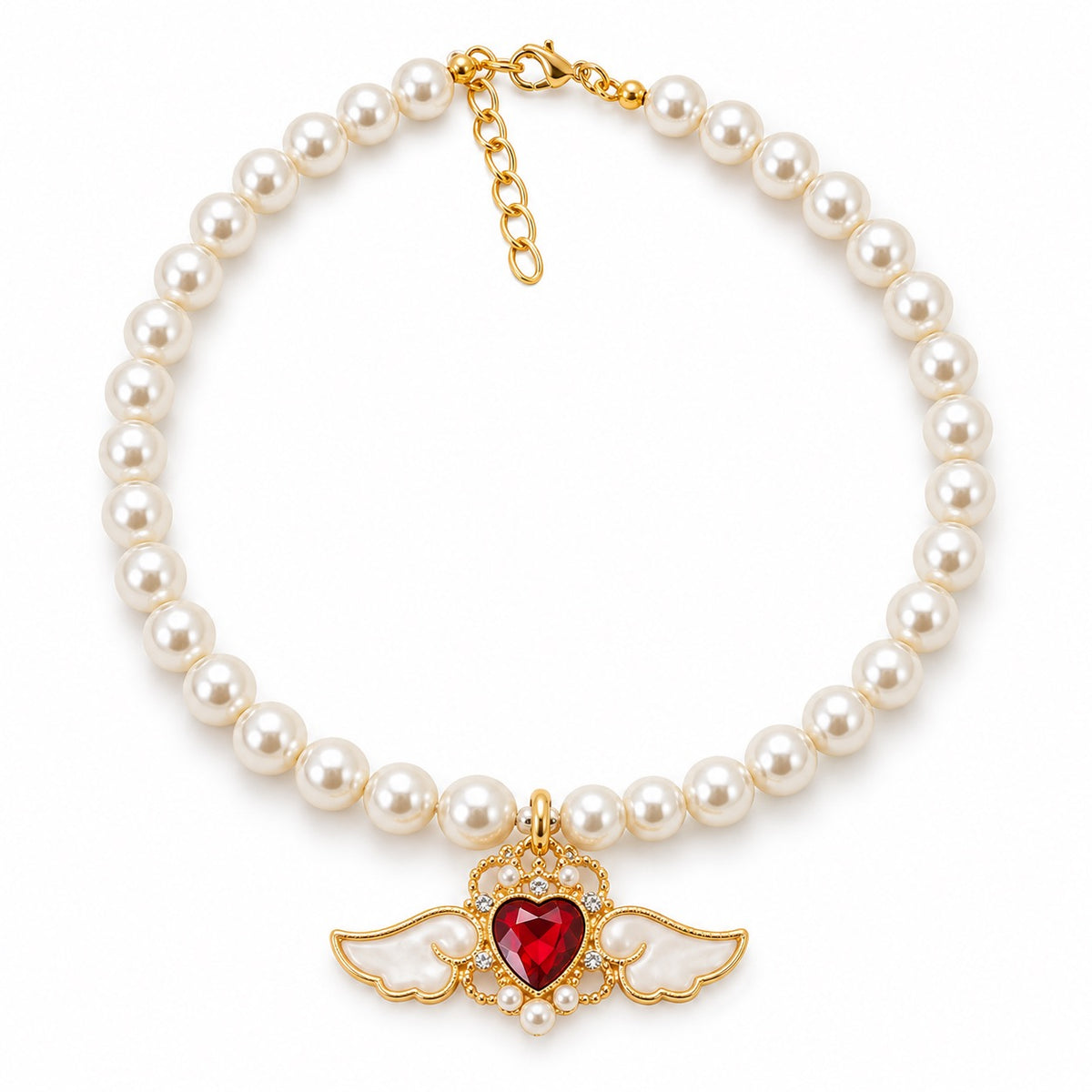 Jeweled Angel Wing Pearl Necklace - Ruby Angel Wings