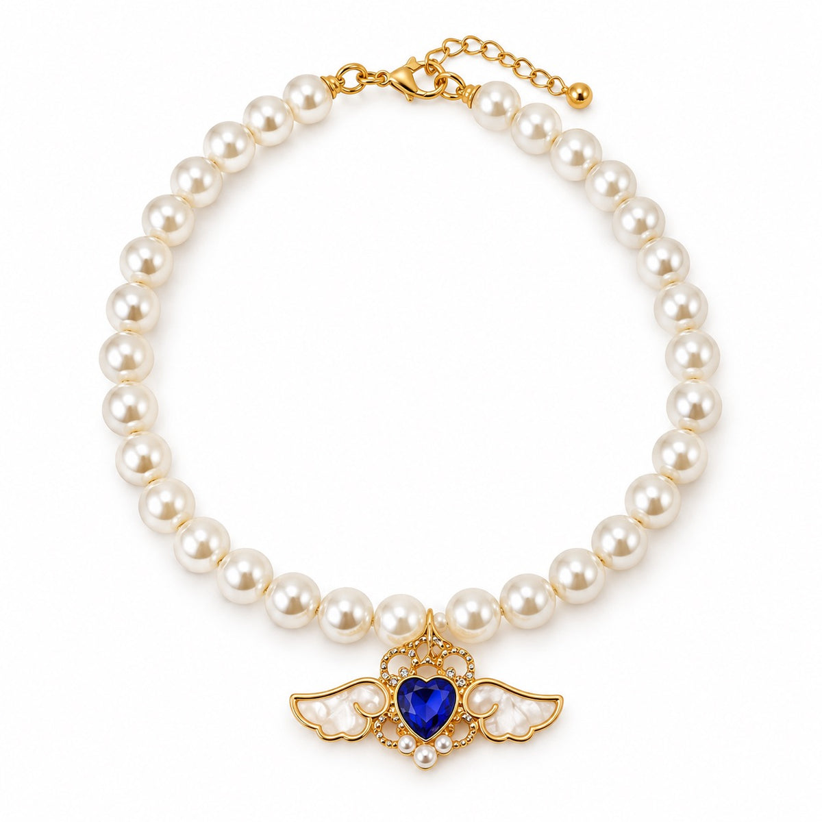 Jeweled Angel Wing Pearl Necklace - Sapphire Angel Wings