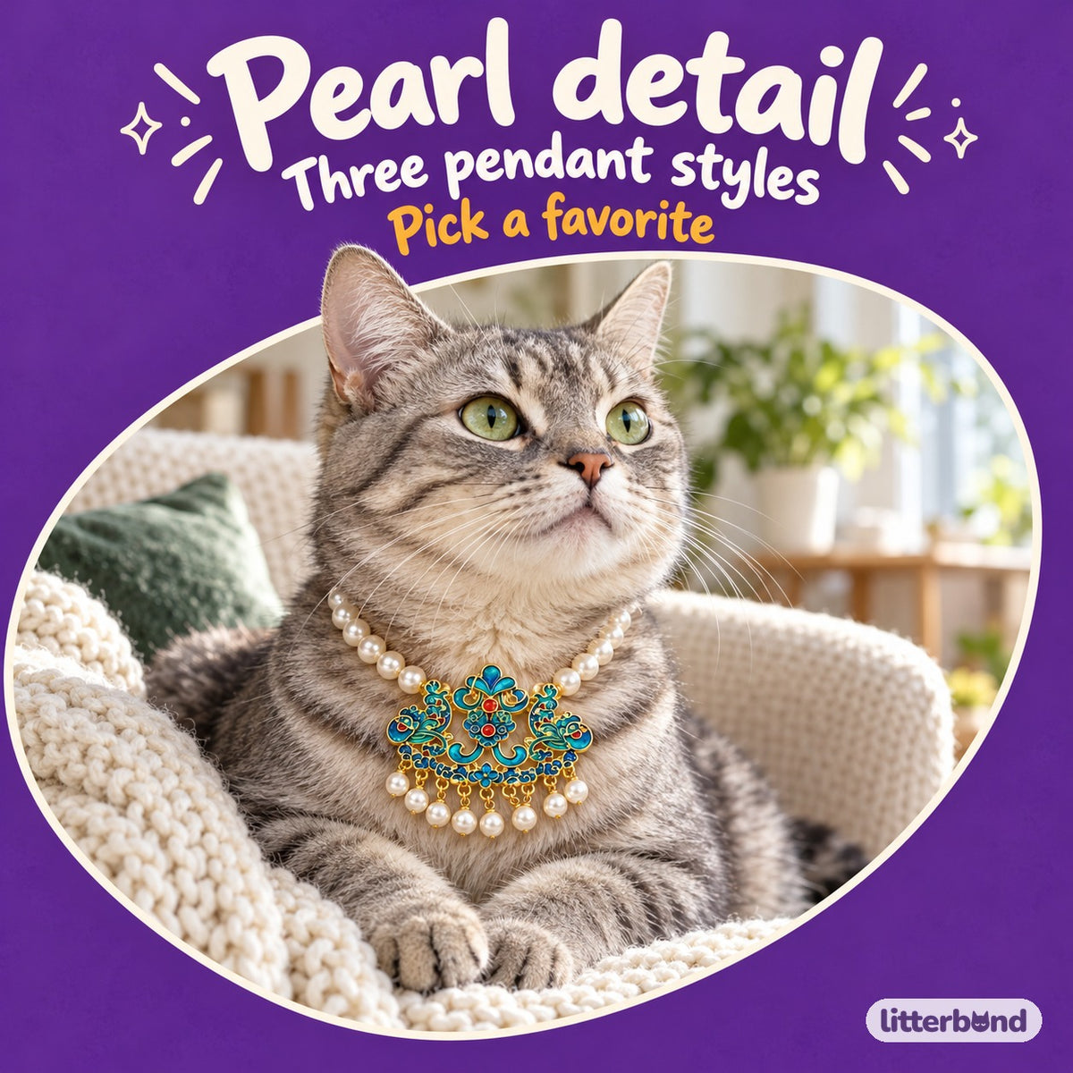 Pearl Butterfly Pendant Collar Necklace for Cat Photos on a cat
