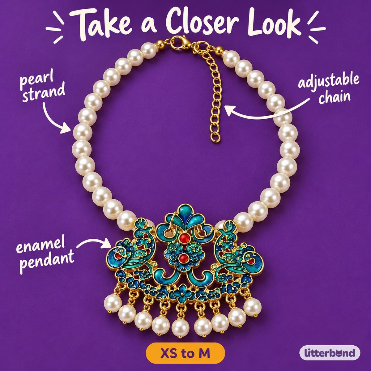 Pearl Butterfly Pendant Collar Necklace for Cat Photos - close-up details