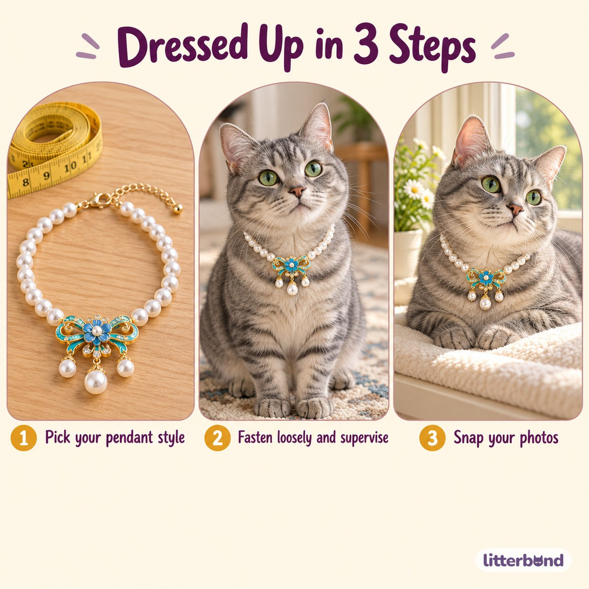 Pearl Butterfly Pendant Collar Necklace for Cat Photos - how to put it on