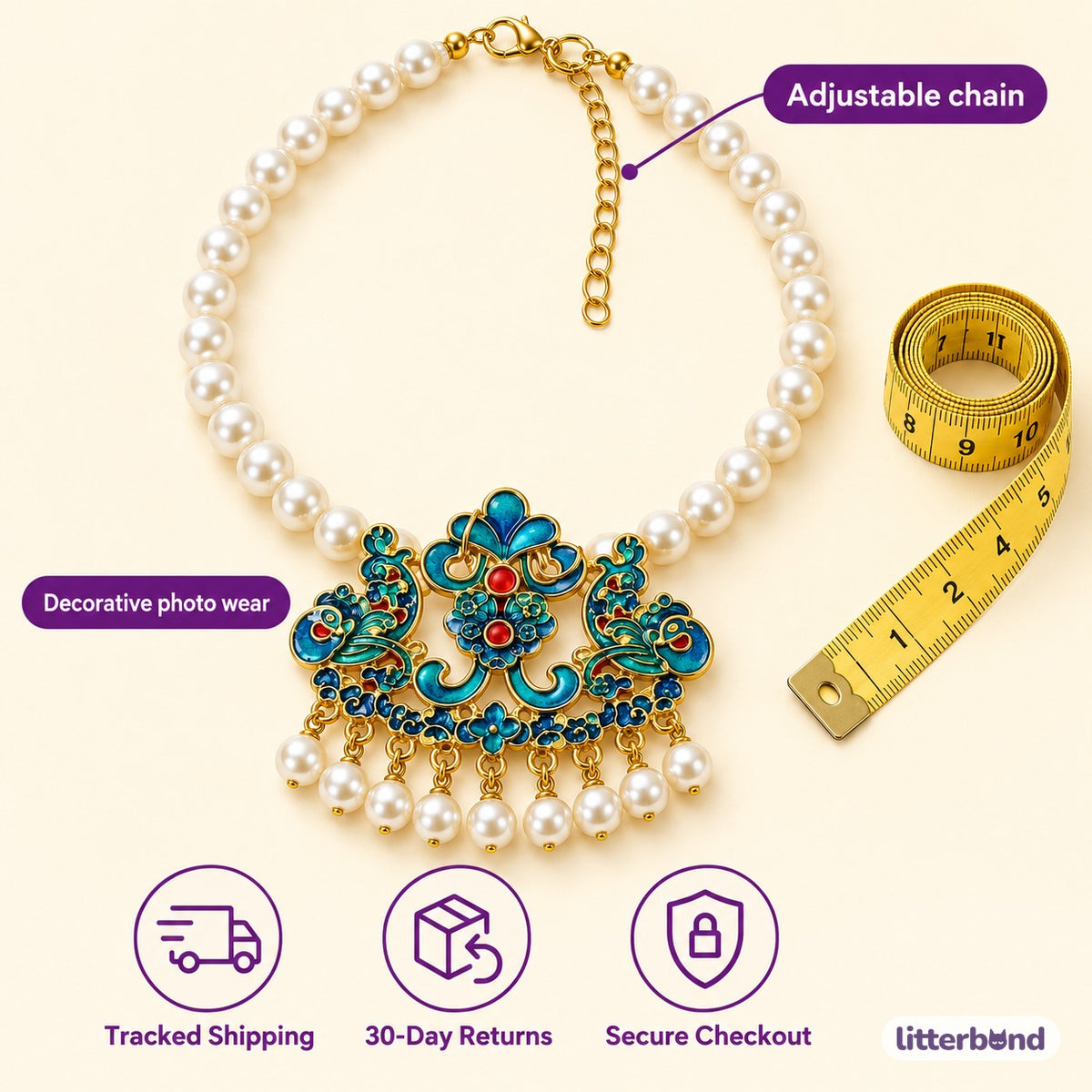 Pearl Butterfly Pendant Collar Necklace for Cat Photos - size and details