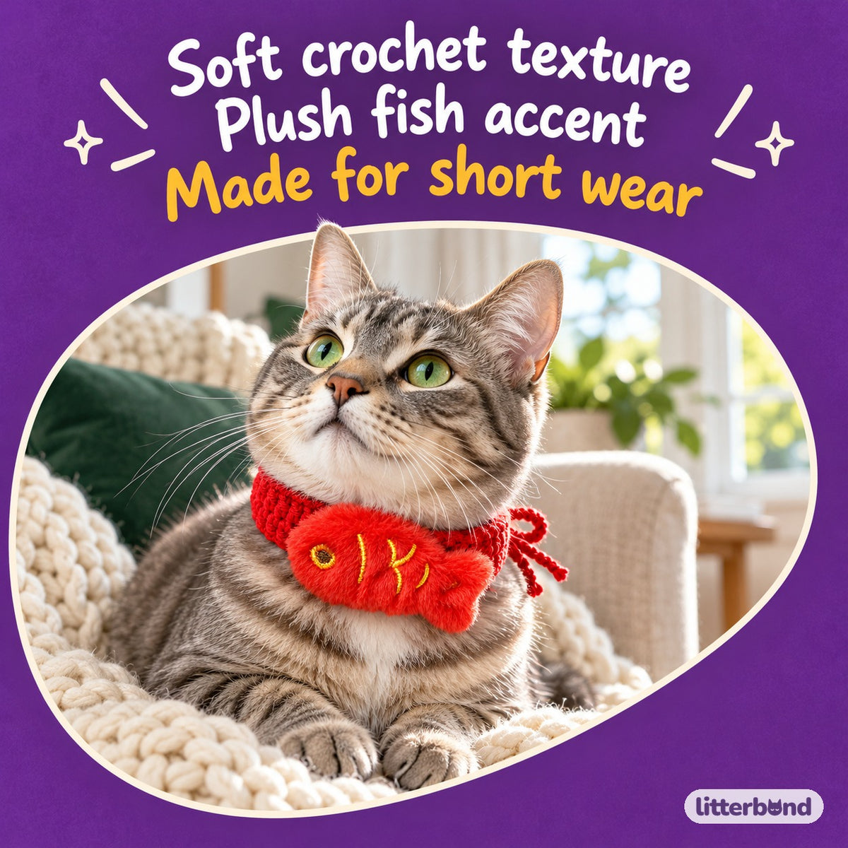 Red Fish Crochet Collar for Photos on a cat