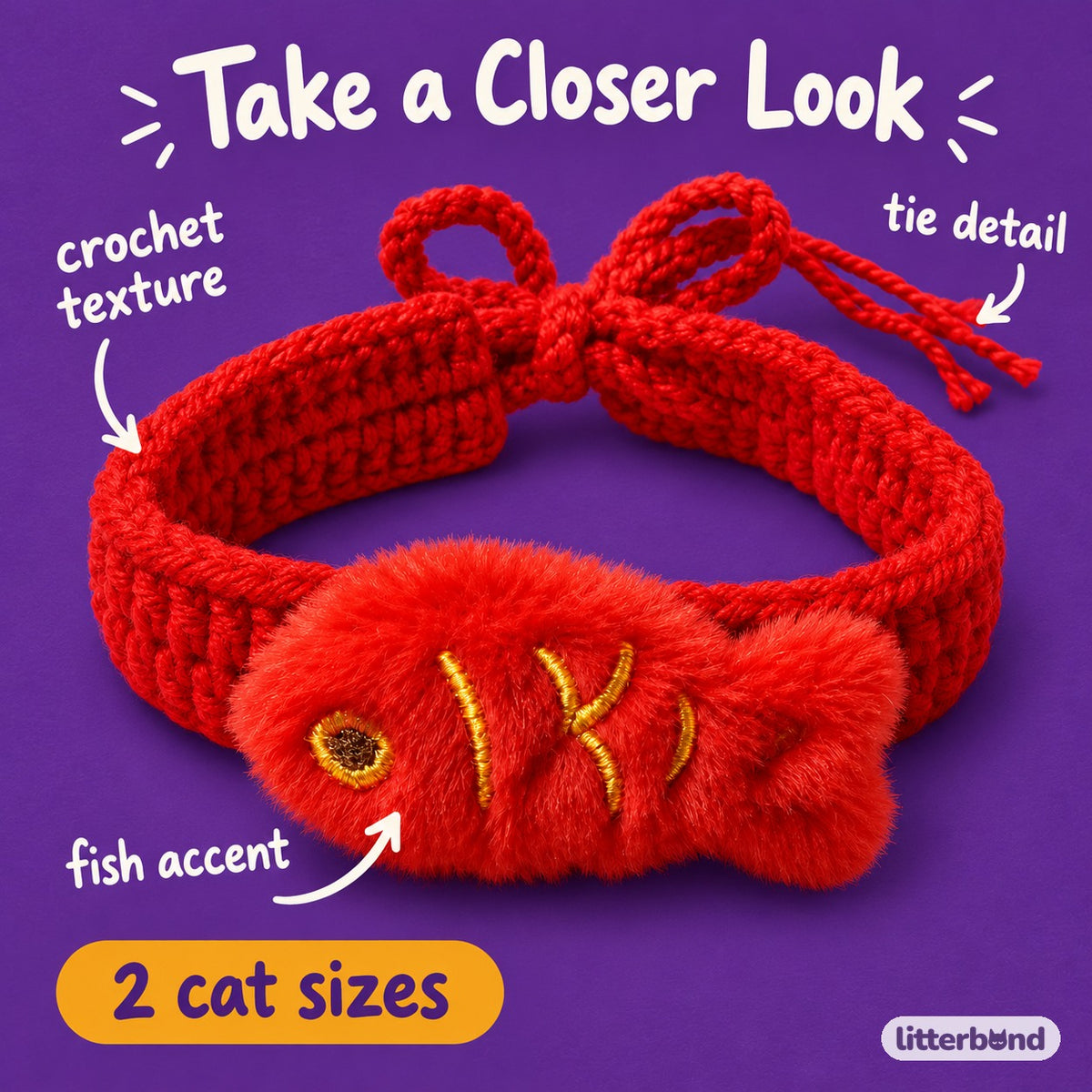 Red Fish Crochet Collar for Photos - close-up details