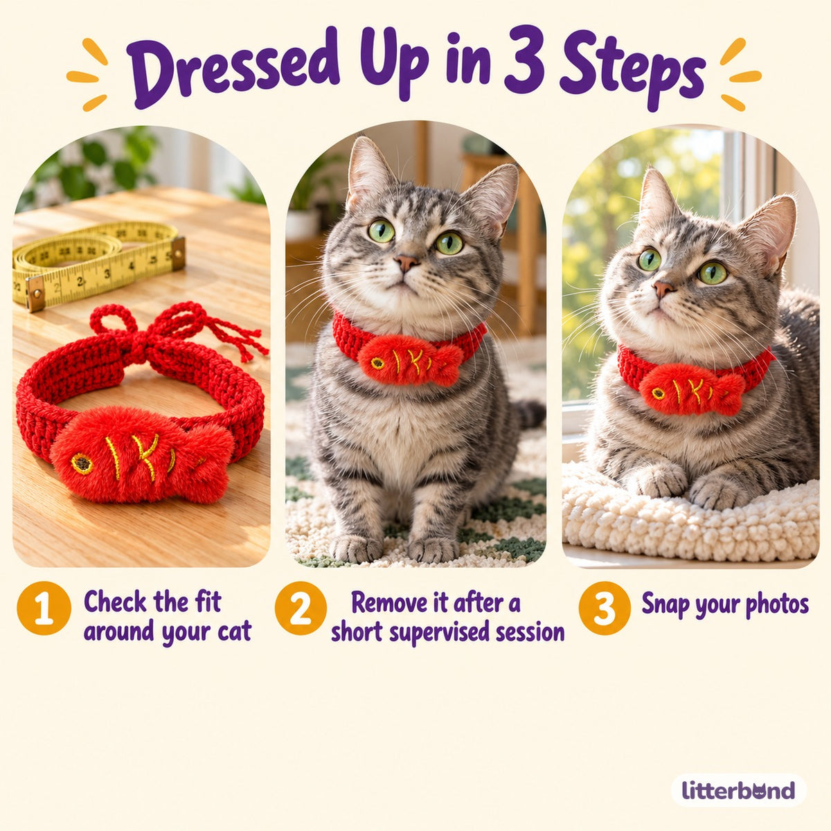Red Fish Crochet Collar for Photos - how to put it on