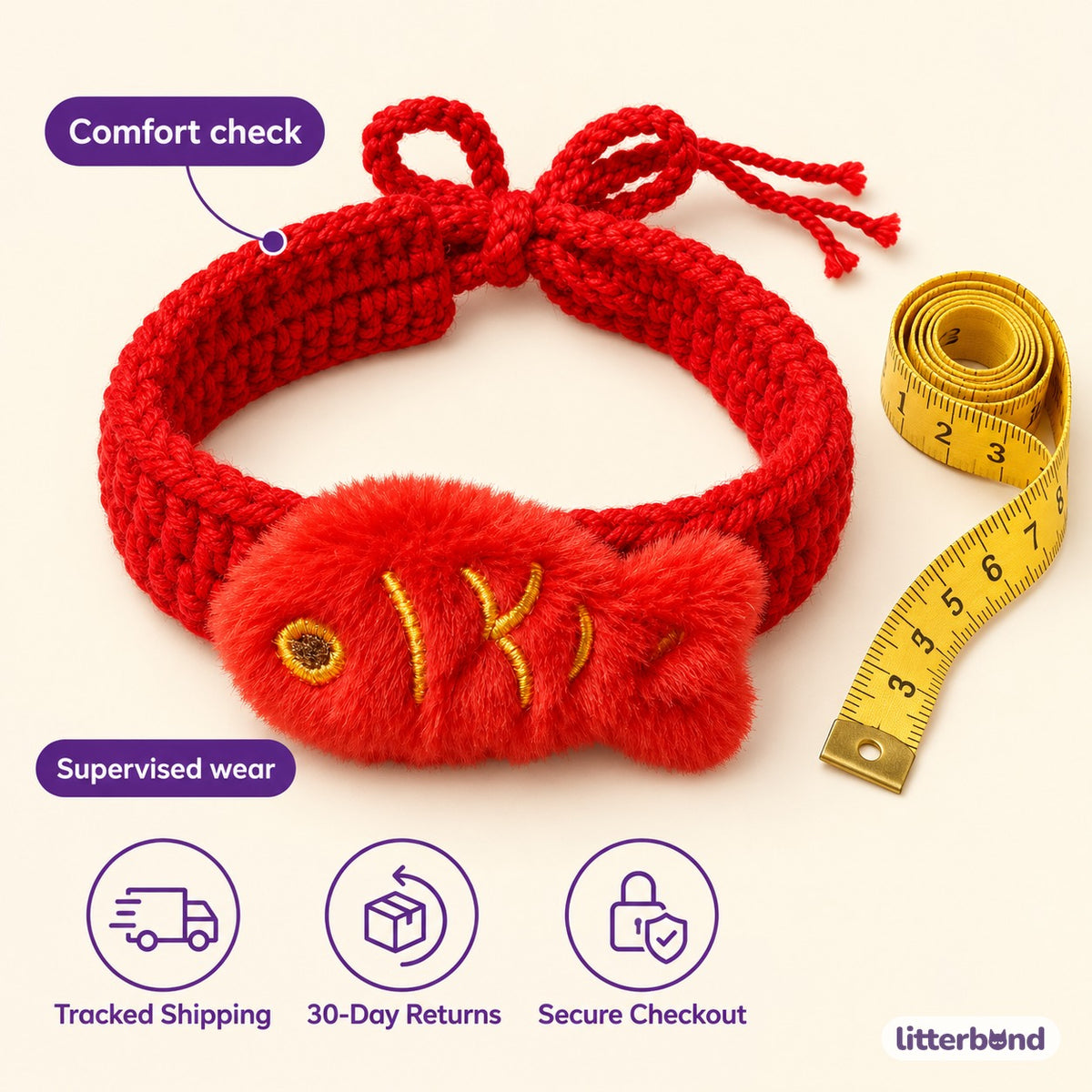 Red Fish Crochet Collar for Photos - size and details