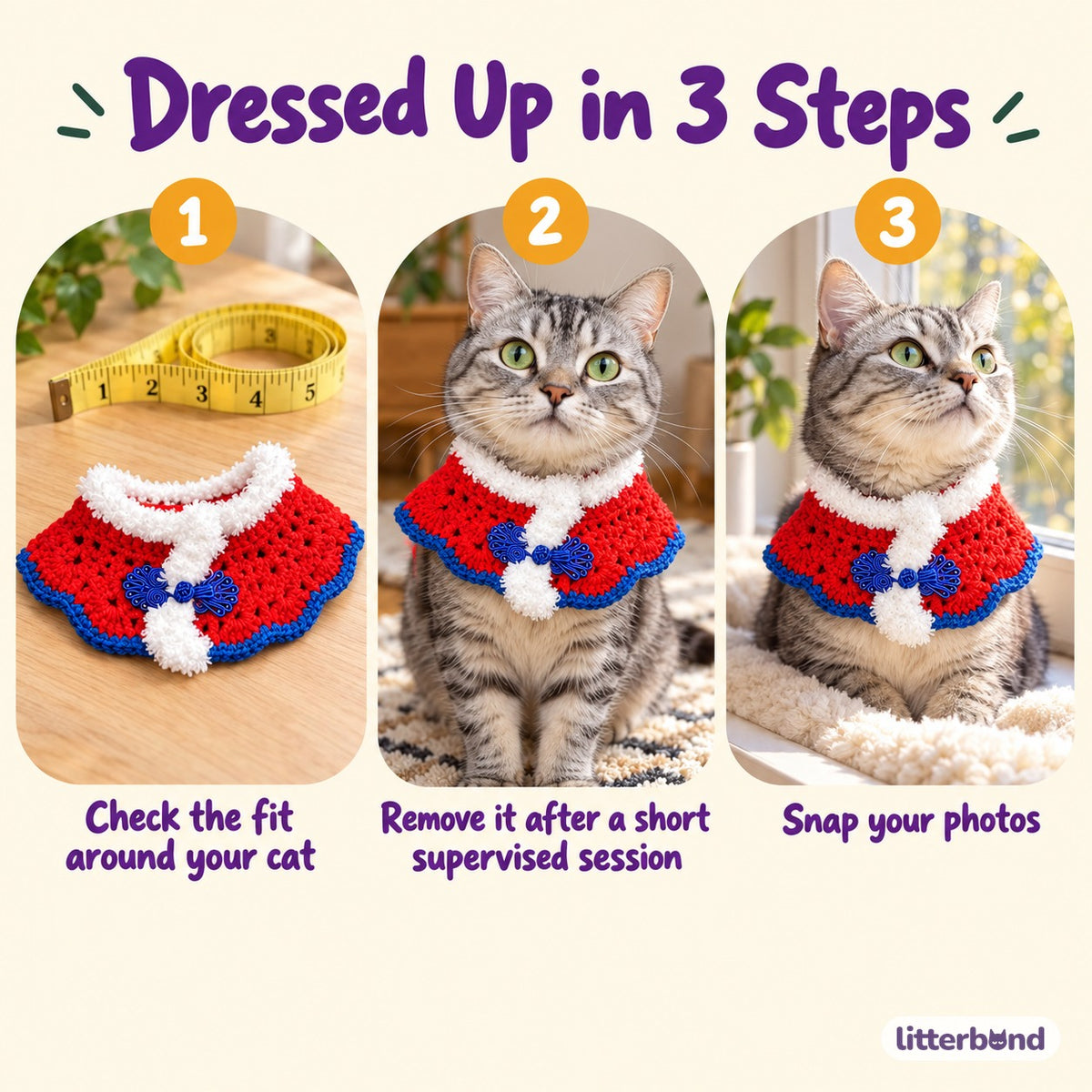 Crocheted Ruyi Neck Collar for Cat Photos - how to put it on