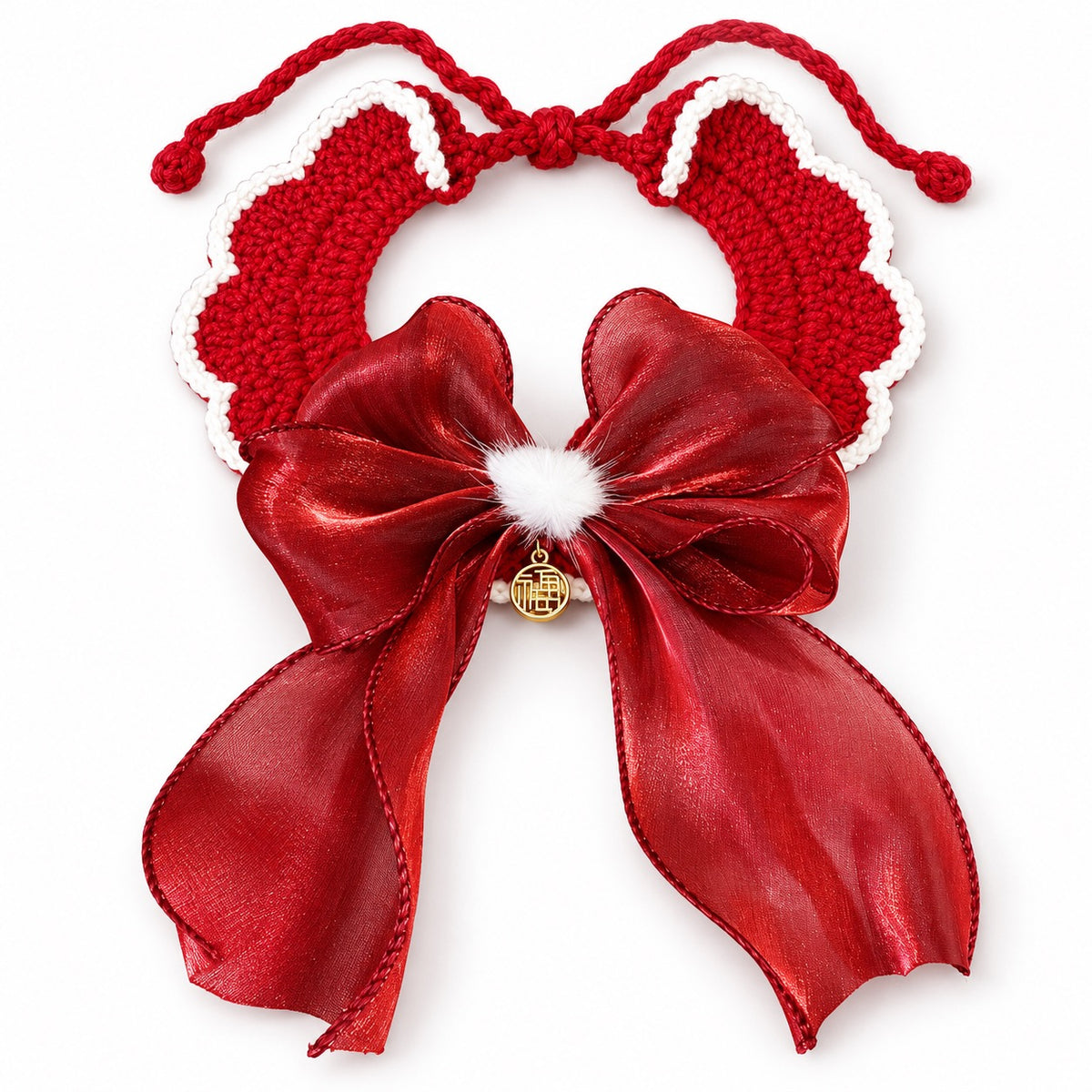 Scalloped Yarn Bow Collar - Burgundy Big Bow