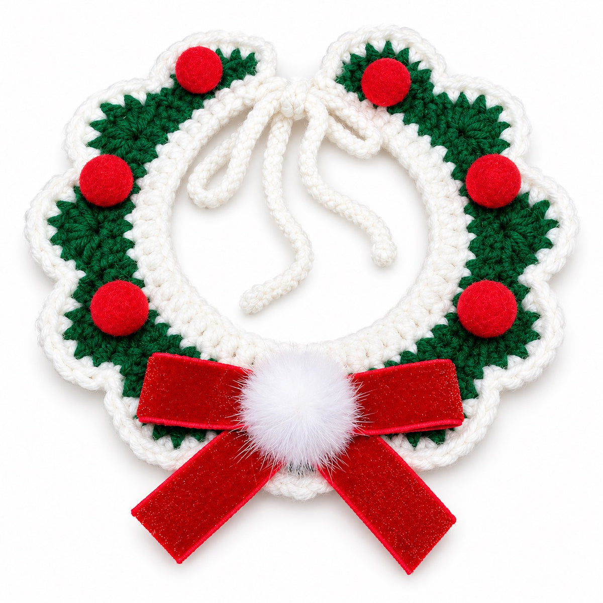Scalloped Yarn Bow Collar - Green Bow