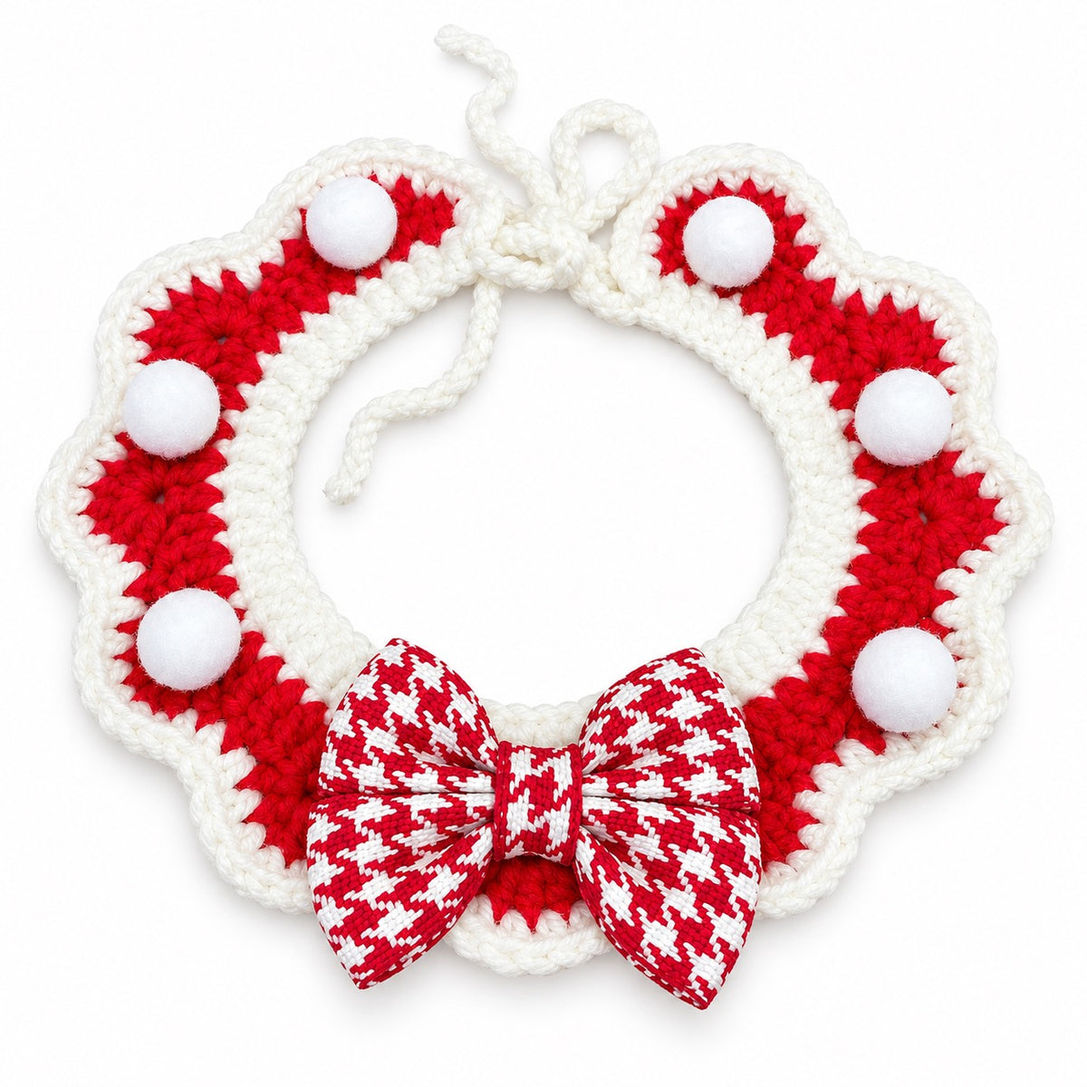 Scalloped Yarn Bow Collar - Red Bow