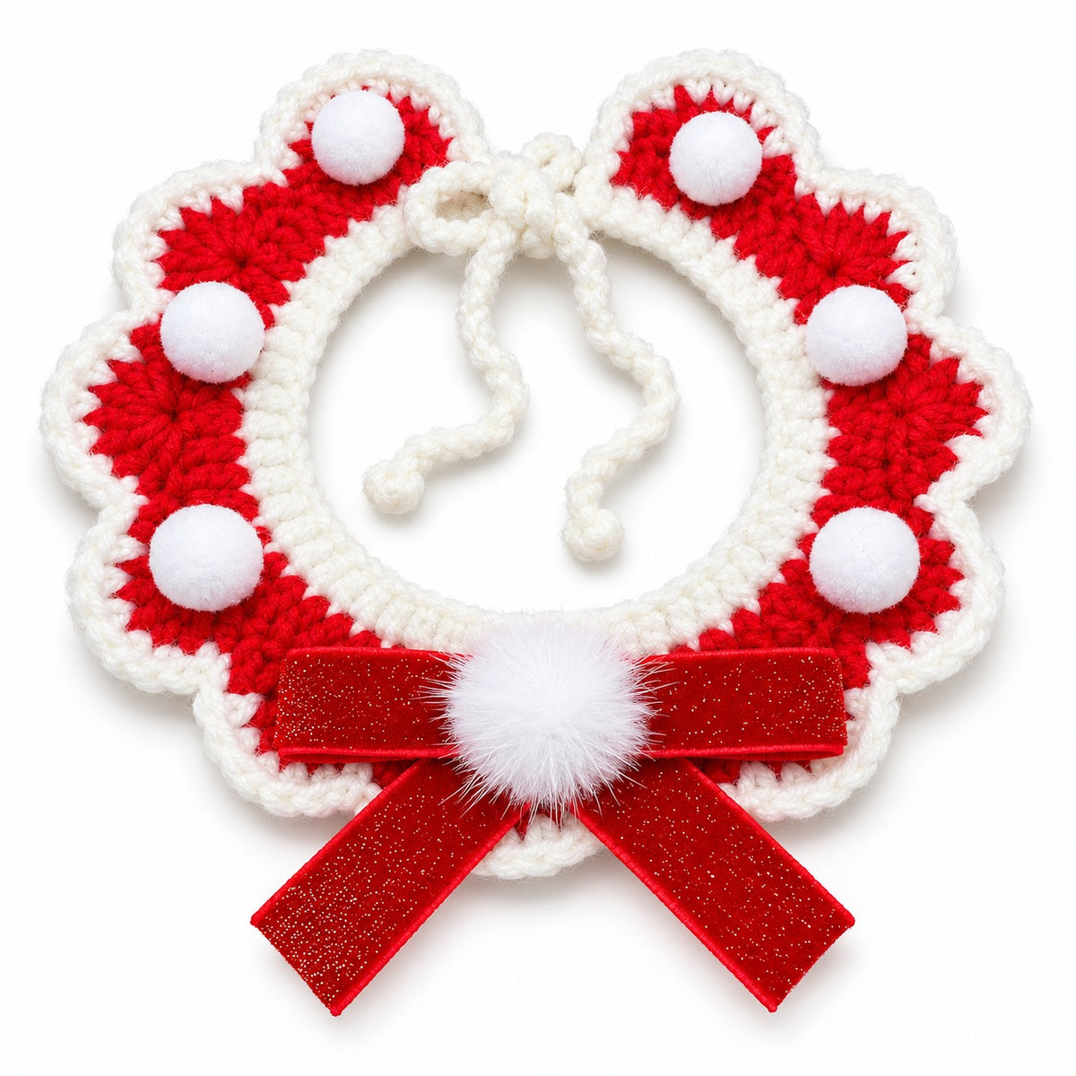 Scalloped Yarn Bow Collar - White Pom Red