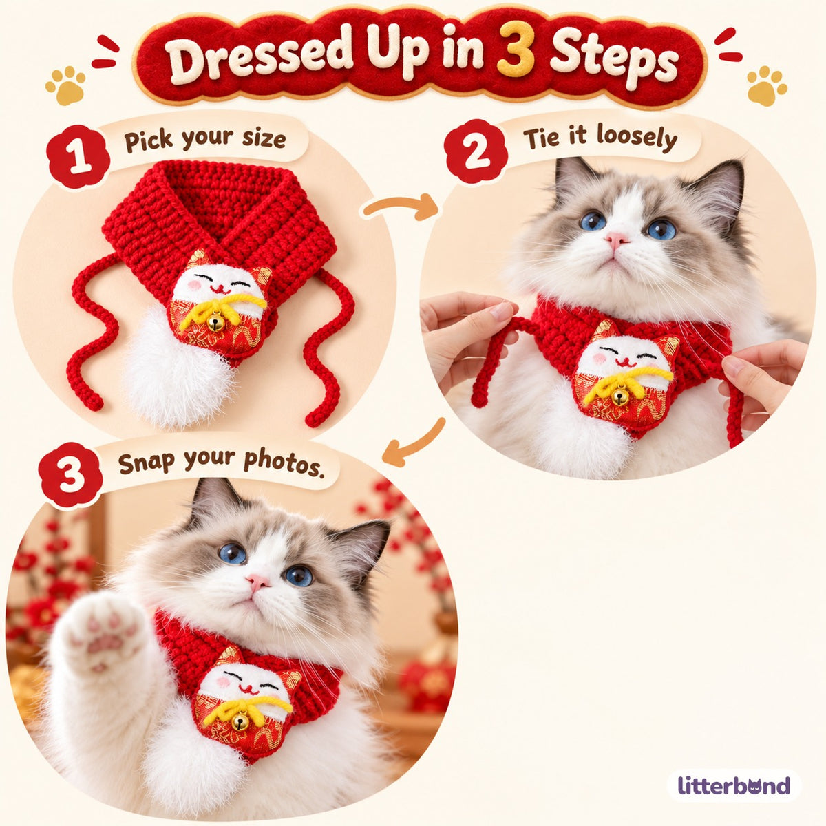 Red Knit Scarf Collar for Photos - how to put it on