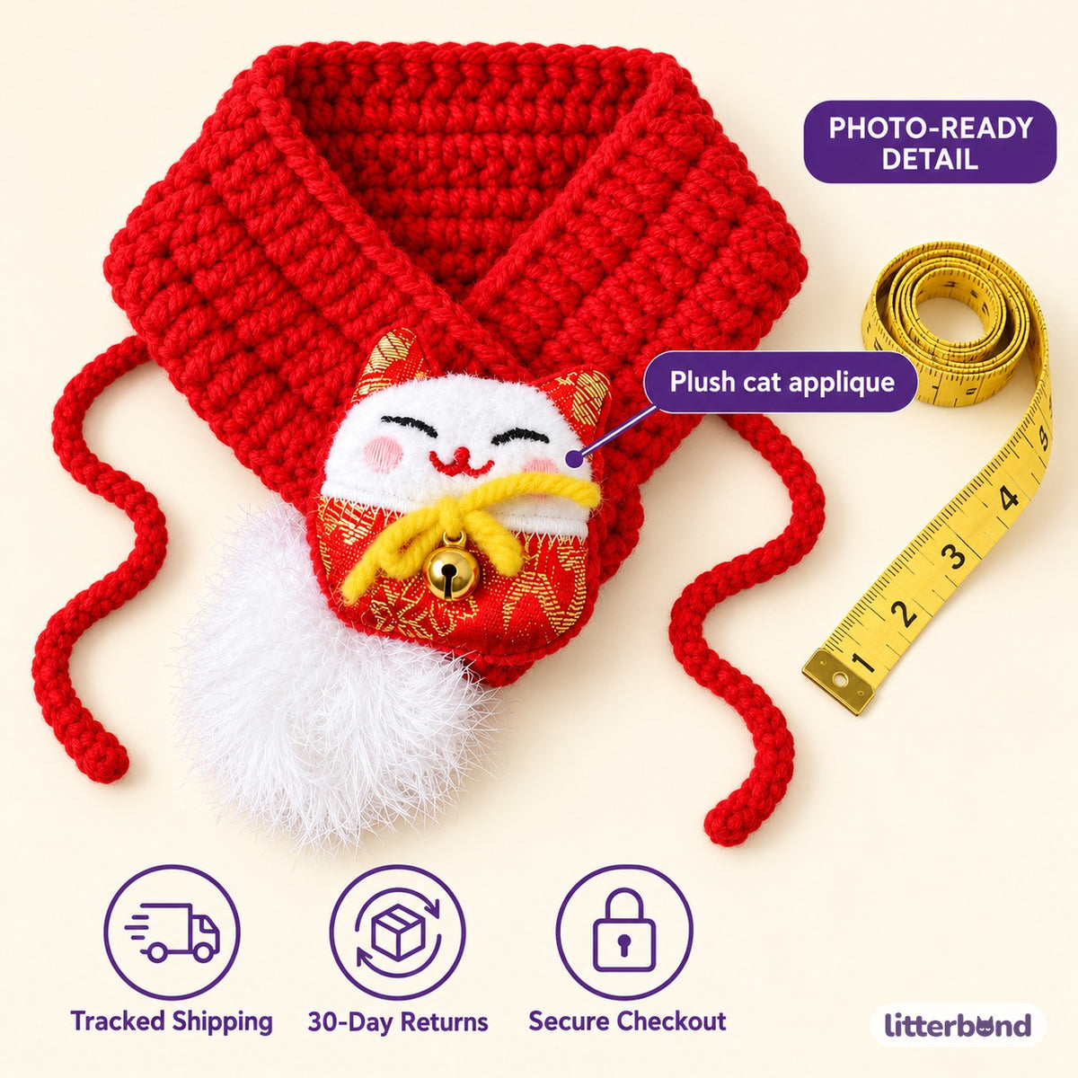 Red Knit Scarf Collar for Photos - size and details