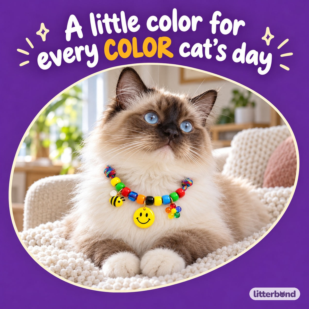 Rainbow Charm Braided Necklace on a cat