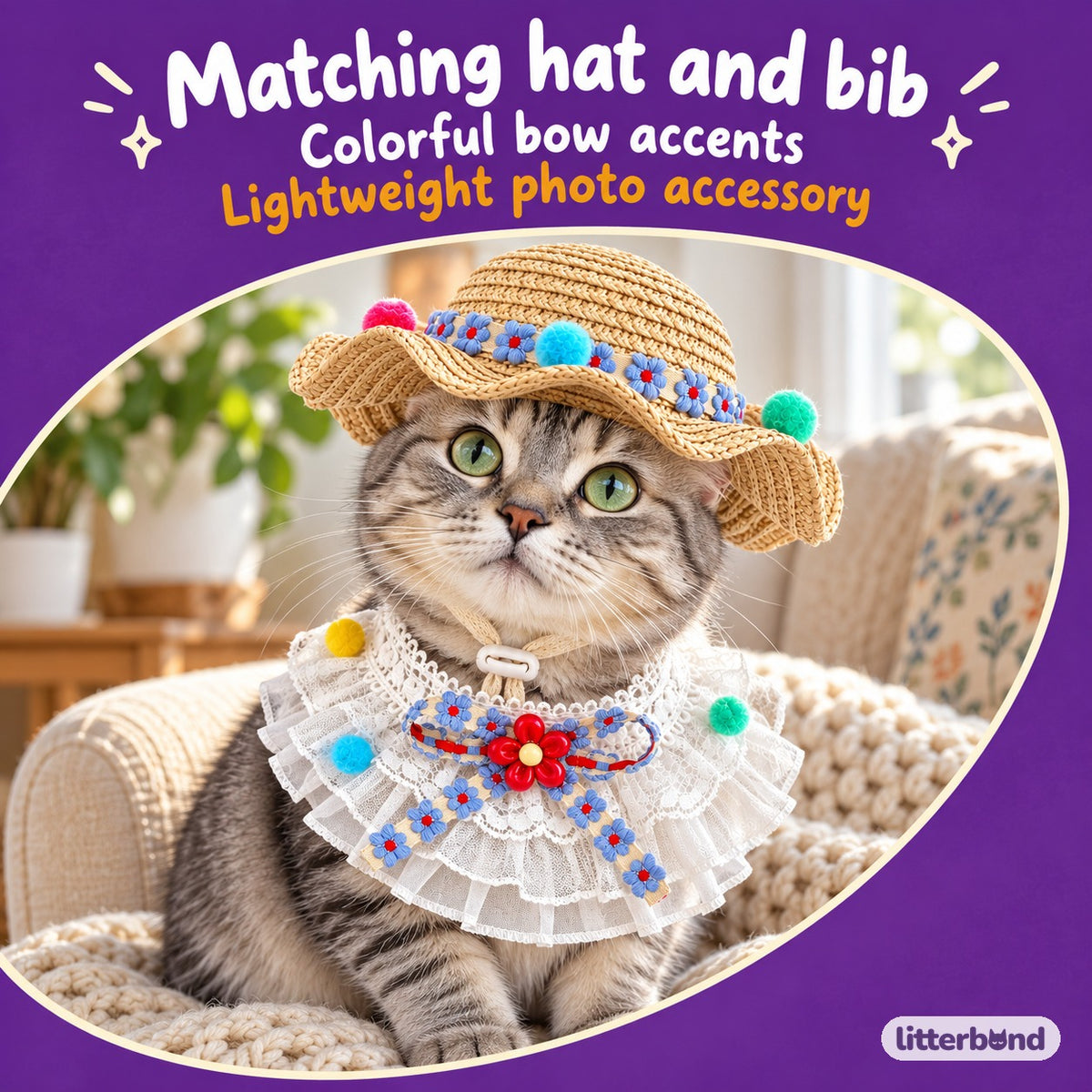 Straw Hat Bib Set Photos on a cat
