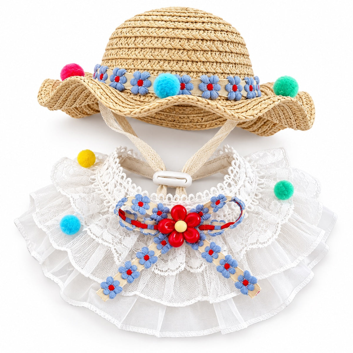 Straw Hat Bib Set Photos - Blue Hat and Lace Bib Set