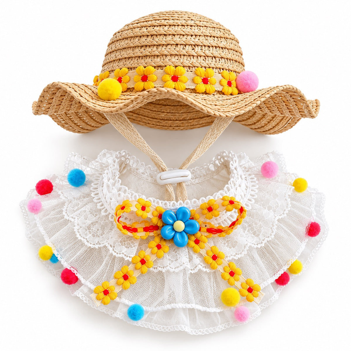 Straw Hat Bib Set Photos - Yellow Hat and Lace Bib Set