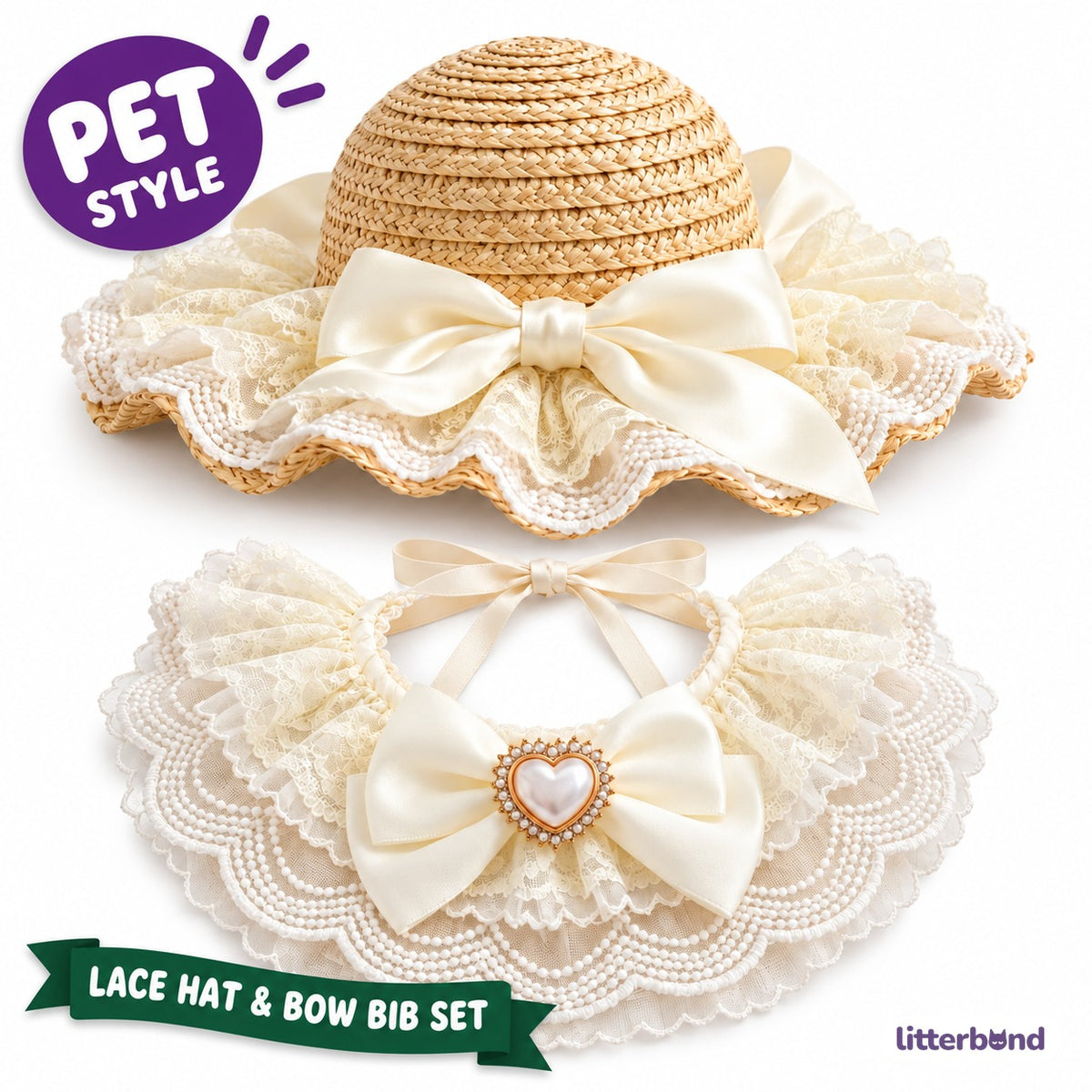 Lace Straw Hat & Bow Bib Set for Cat Photos