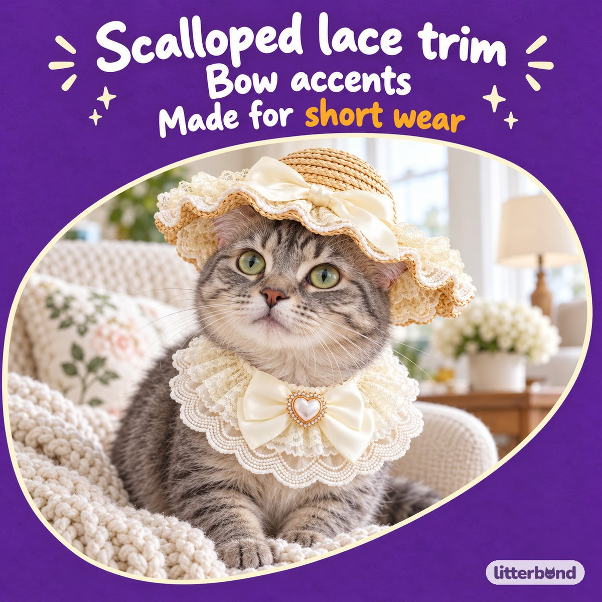 Lace Straw Hat & Bow Bib Set for Cat Photos on a cat
