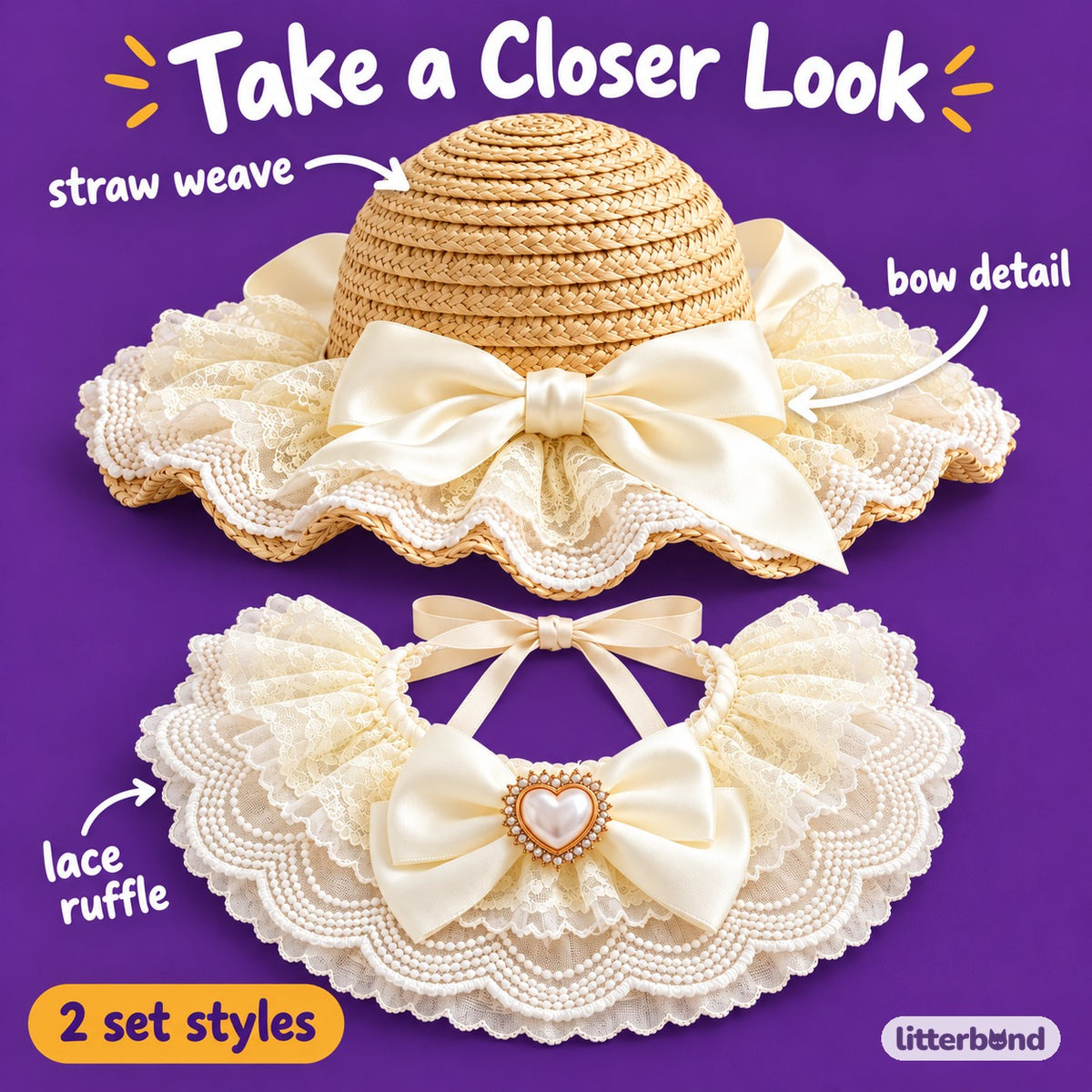 Lace Straw Hat & Bow Bib Set for Cat Photos - close-up details