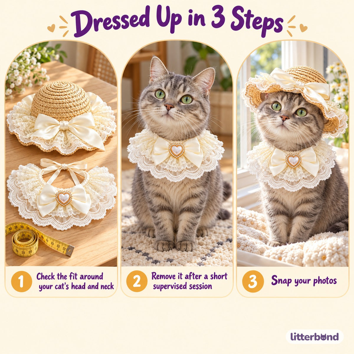 Lace Straw Hat & Bow Bib Set for Cat Photos - how to put it on