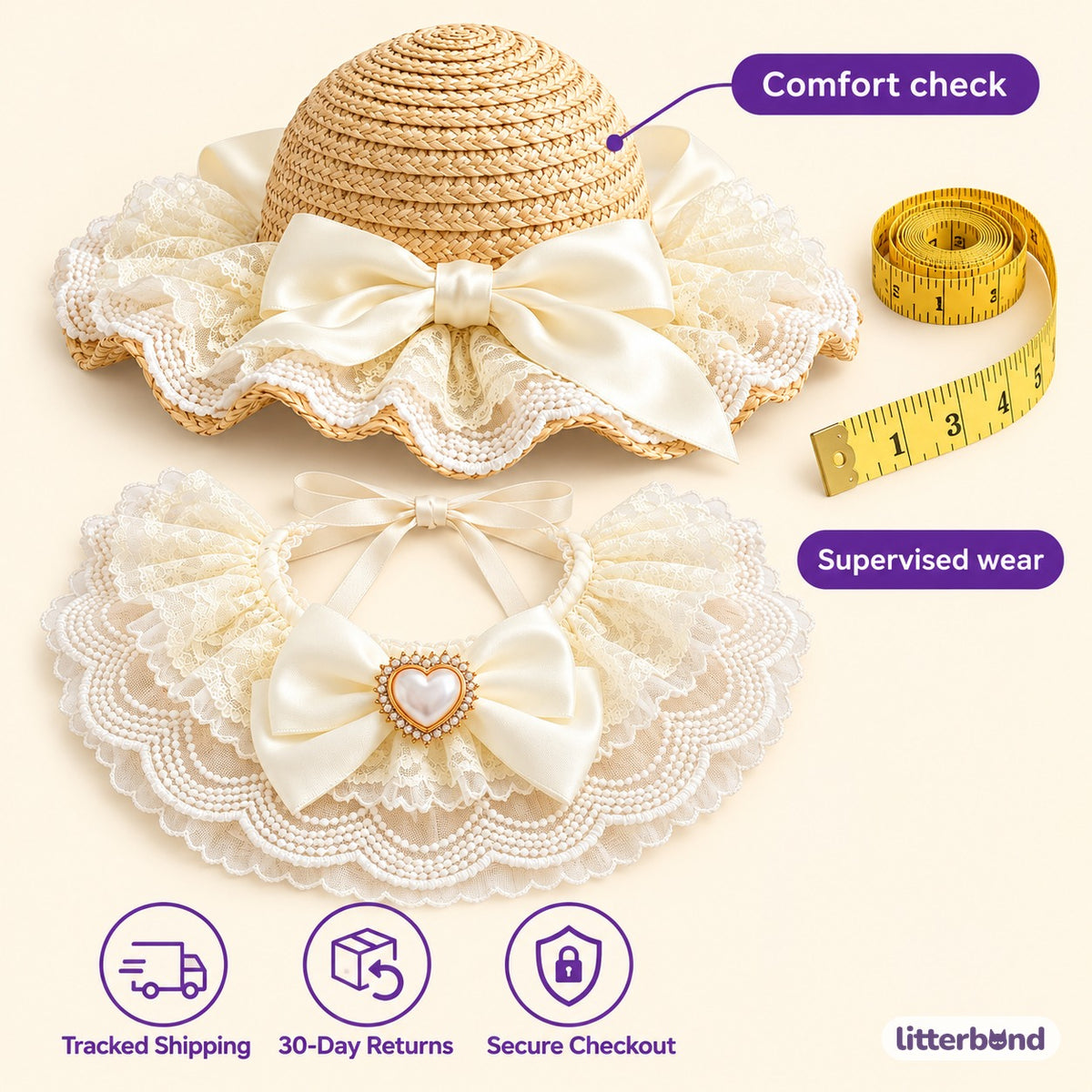 Lace Straw Hat & Bow Bib Set for Cat Photos - size and details