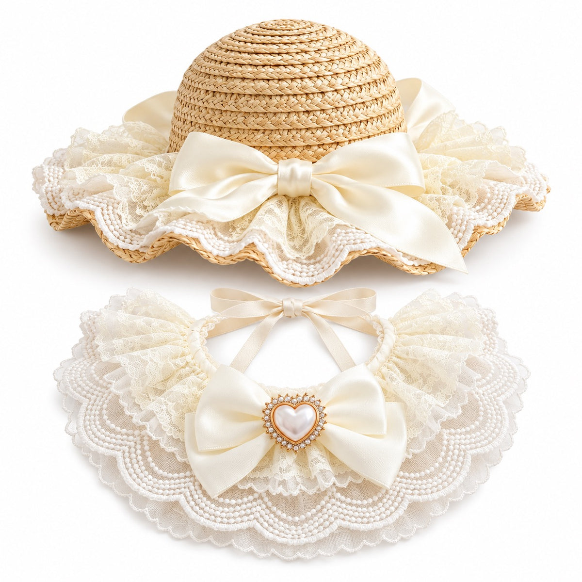 Lace Straw Hat & Bow Bib Set for Cat Photos - Ivory Heart Bow Hat Set