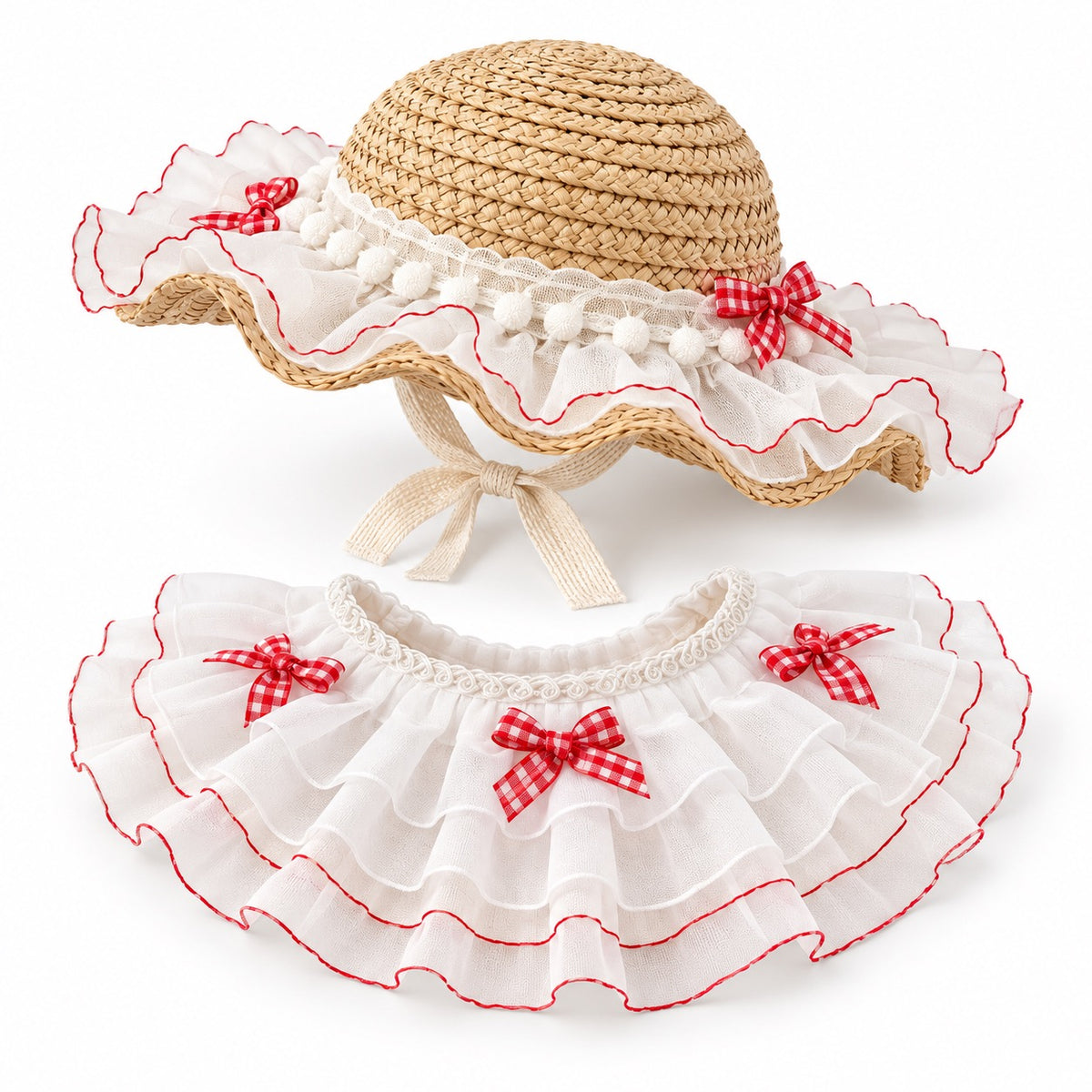 Lace Straw Hat & Bow Bib Set for Cat Photos - Red Bow Hat Set
