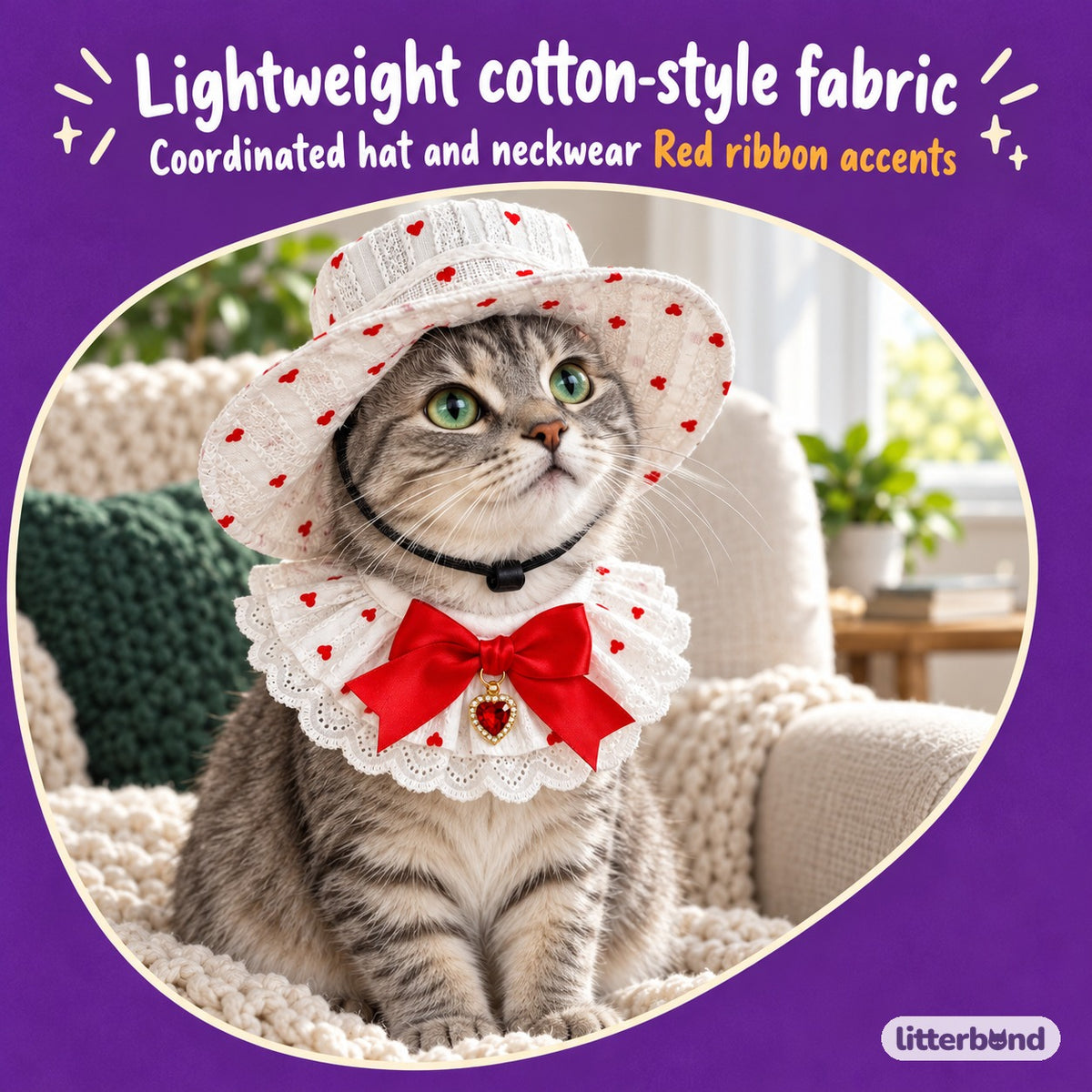 Sweetheart Hat Bow Bib Set on a cat