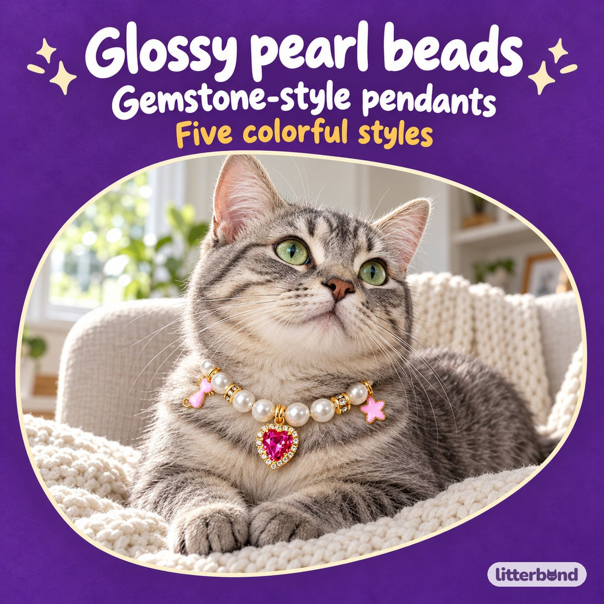 Faceted Heart Pearl Photo Necklace on a cat