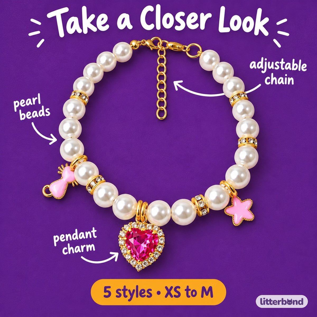 Faceted Heart Pearl Photo Necklace - close-up details