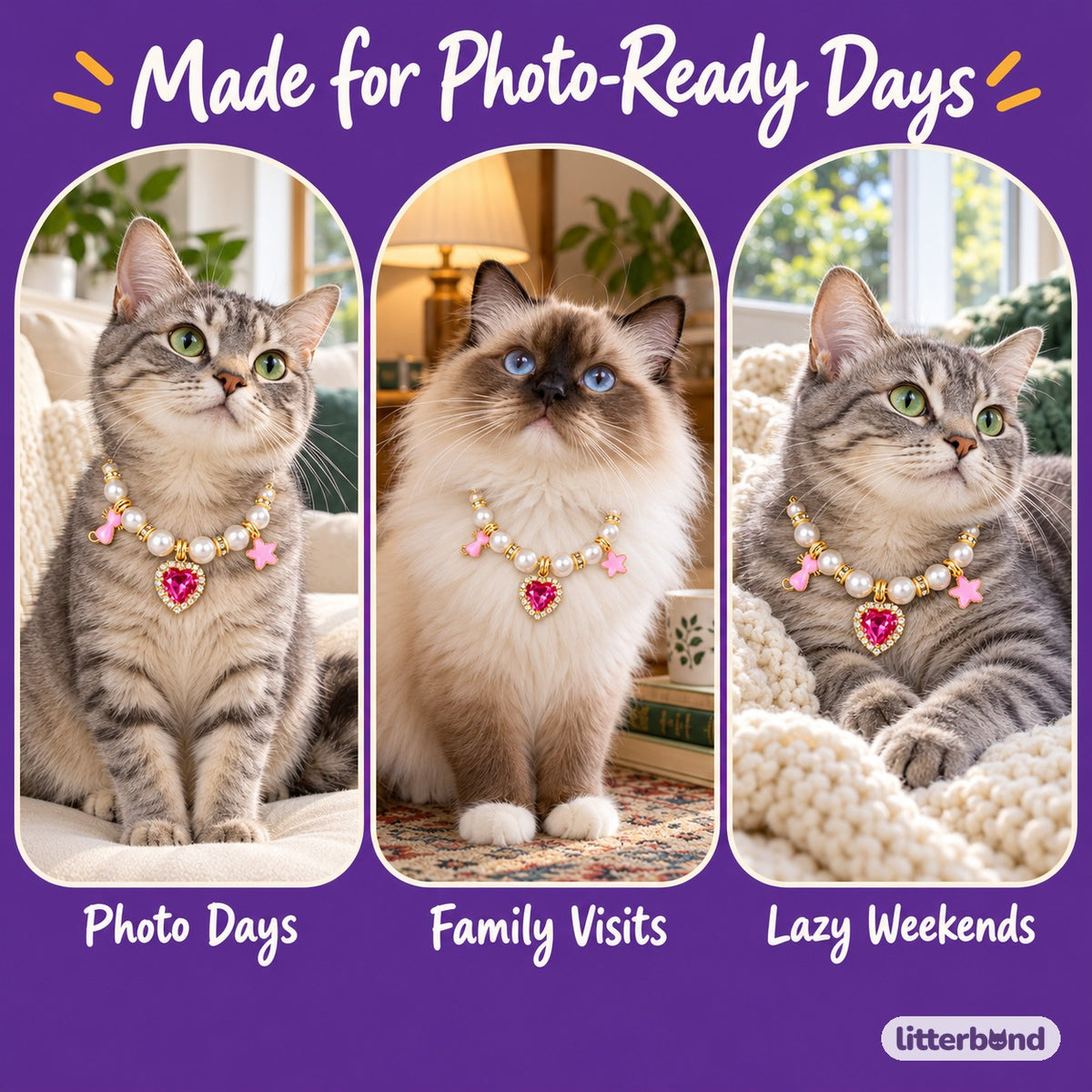 Faceted Heart Pearl Photo Necklace on a cat at home