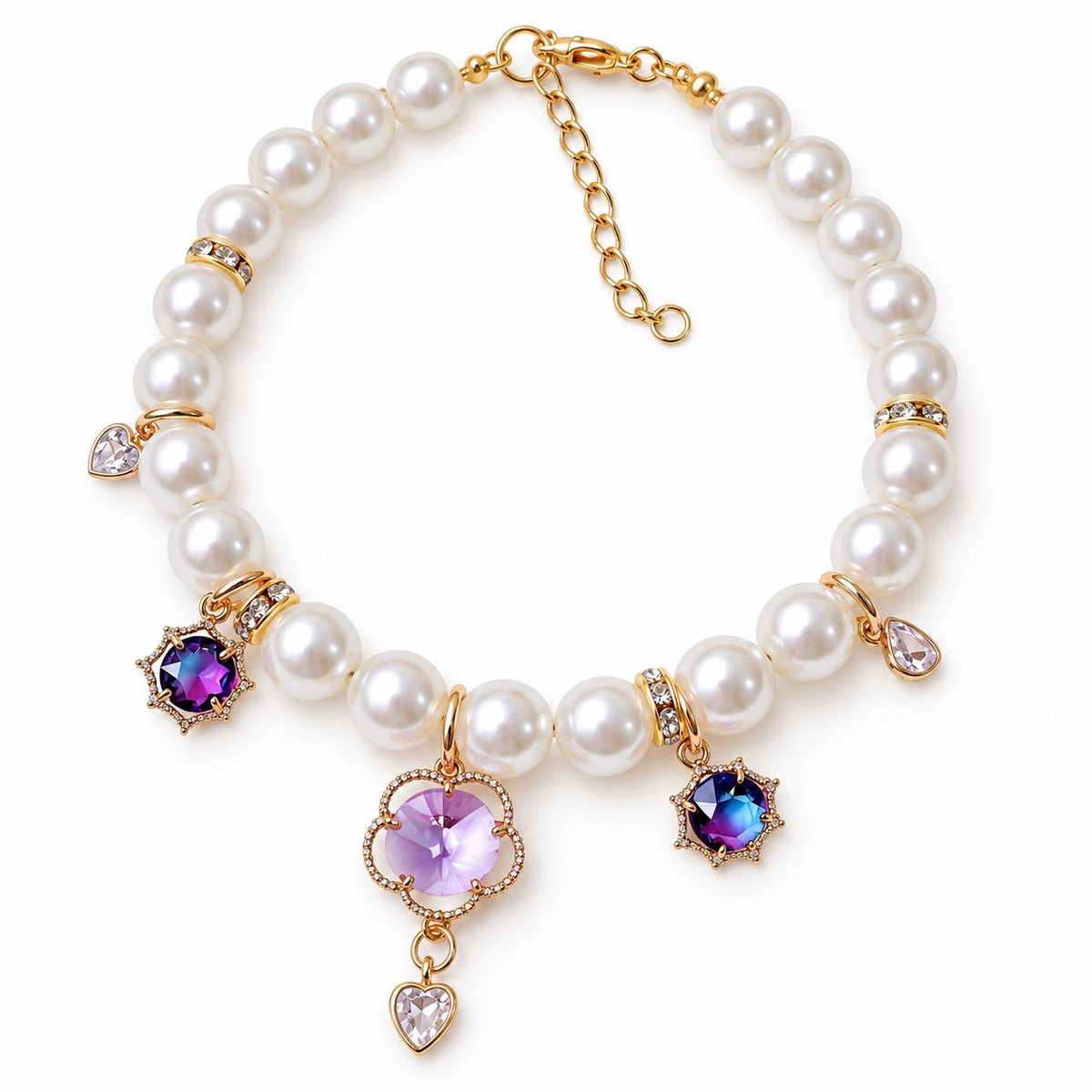 Faceted Heart Pearl Photo Necklace - Purple Flower