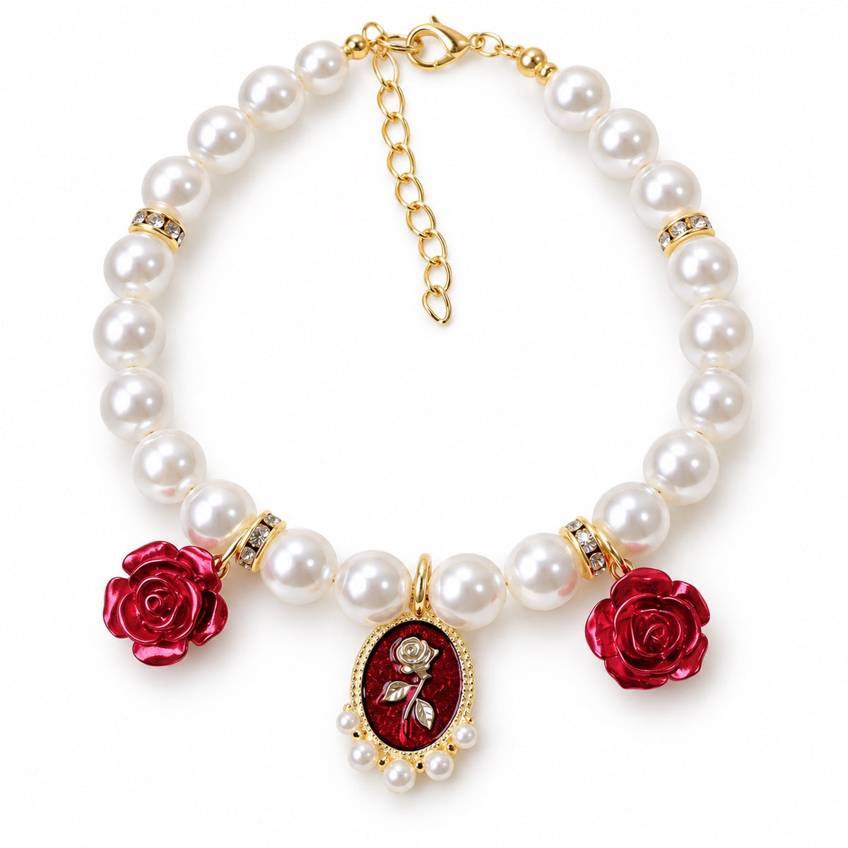 Faceted Heart Pearl Photo Necklace - Red Rose