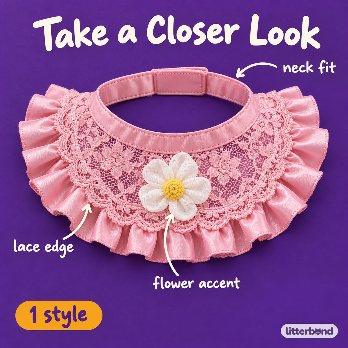 Pink Lace Flower Bib Collar - close-up details