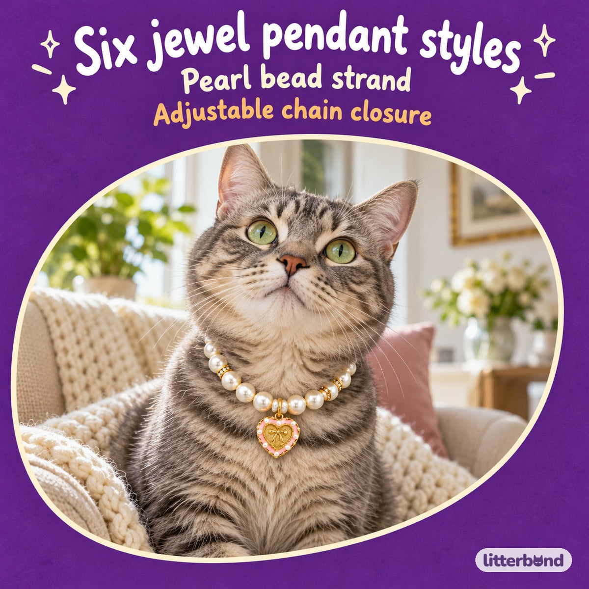 Jeweled Pearl Photo Necklace on a cat