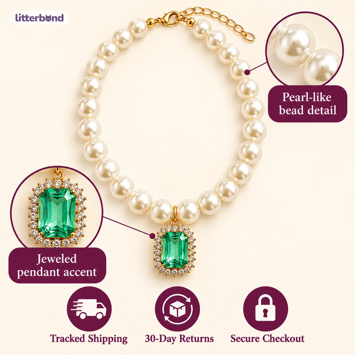 Jeweled Pearl Photo Necklace - size and details