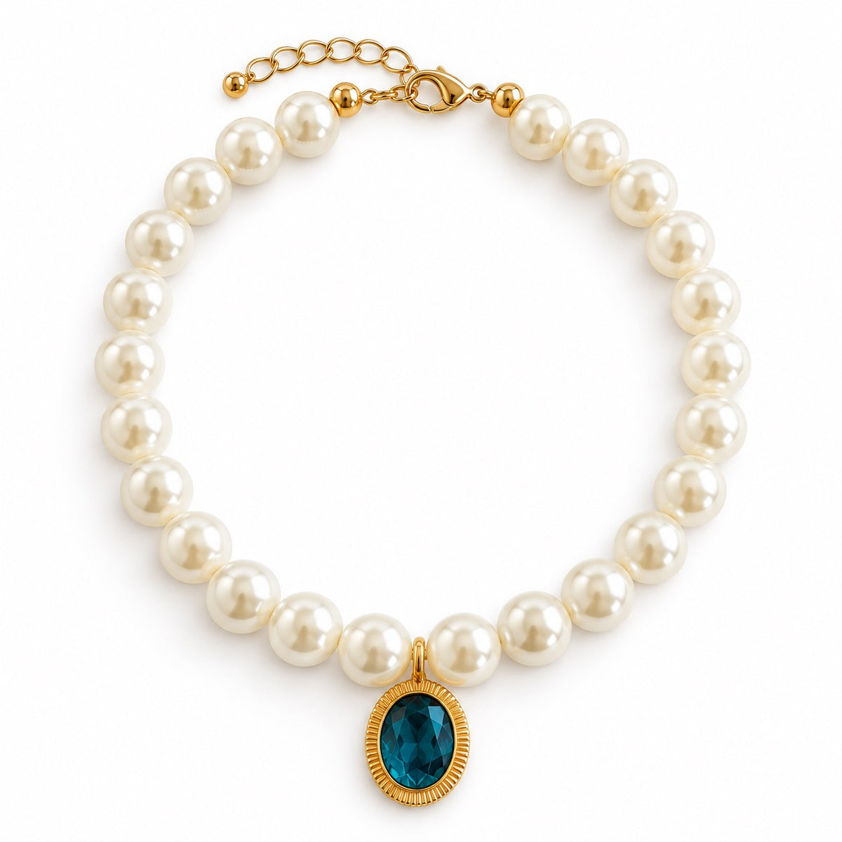 Jeweled Pearl Photo Necklace - Blue Oval Jewel