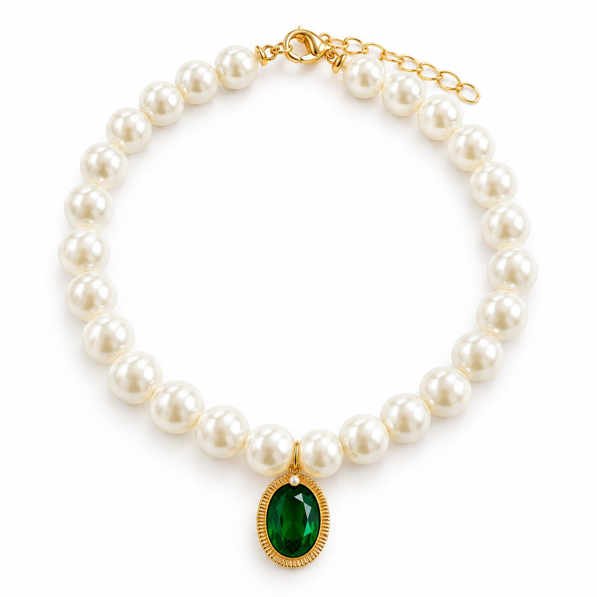 Jeweled Pearl Photo Necklace - Green Oval Jewel
