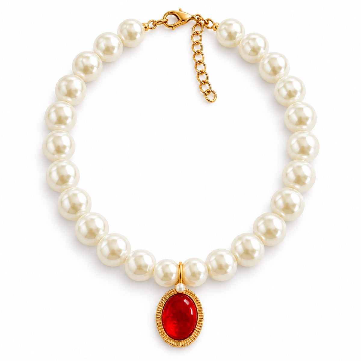 Jeweled Pearl Photo Necklace - Red Oval Jewel