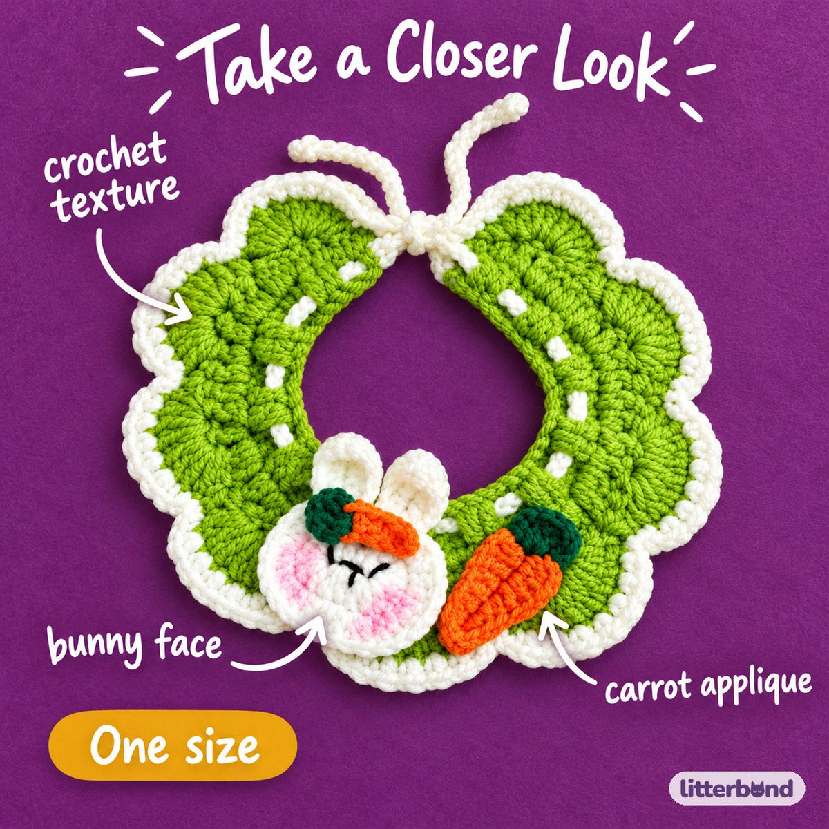 Bunny Carrot Crochet Collar - close-up details