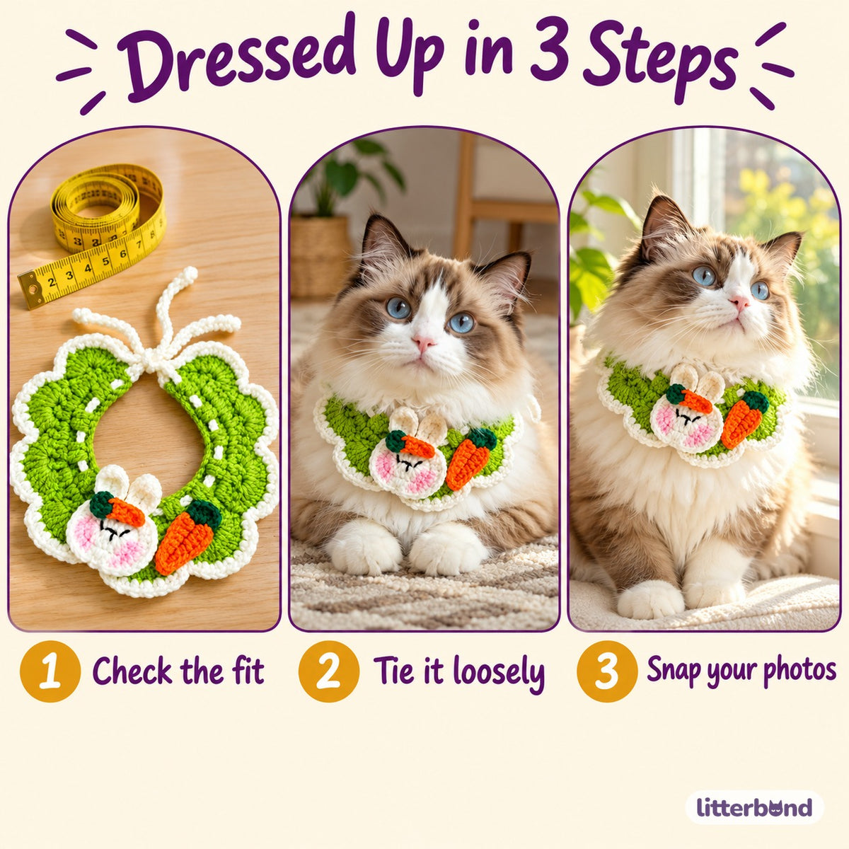 Bunny Carrot Crochet Collar - how to put it on