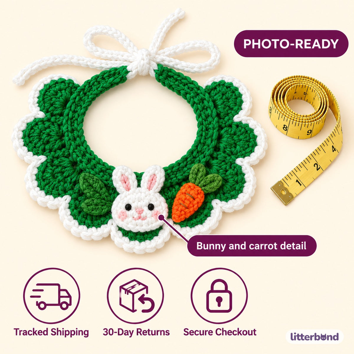 Bunny Carrot Crochet Collar - size and details