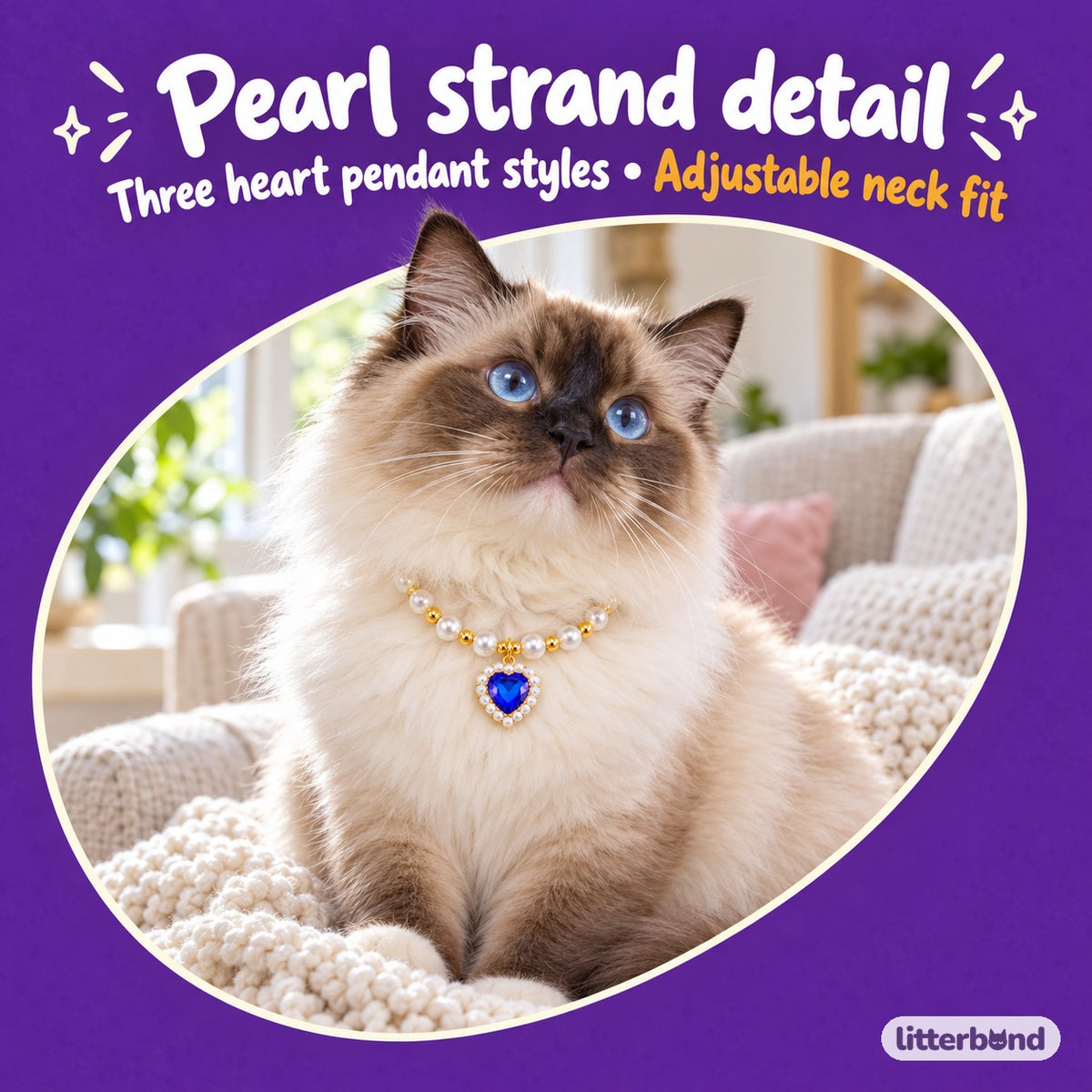 Heart Pendant Pearl Collar on a cat