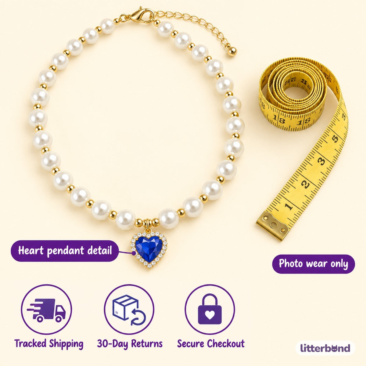 Heart Pendant Pearl Collar - size and details
